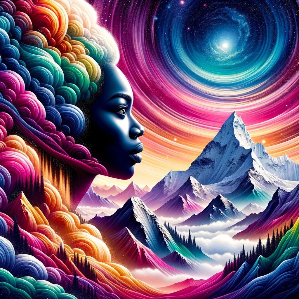 someone gazing at Mount Everest, digital art made from colorful gradients, airbrush
